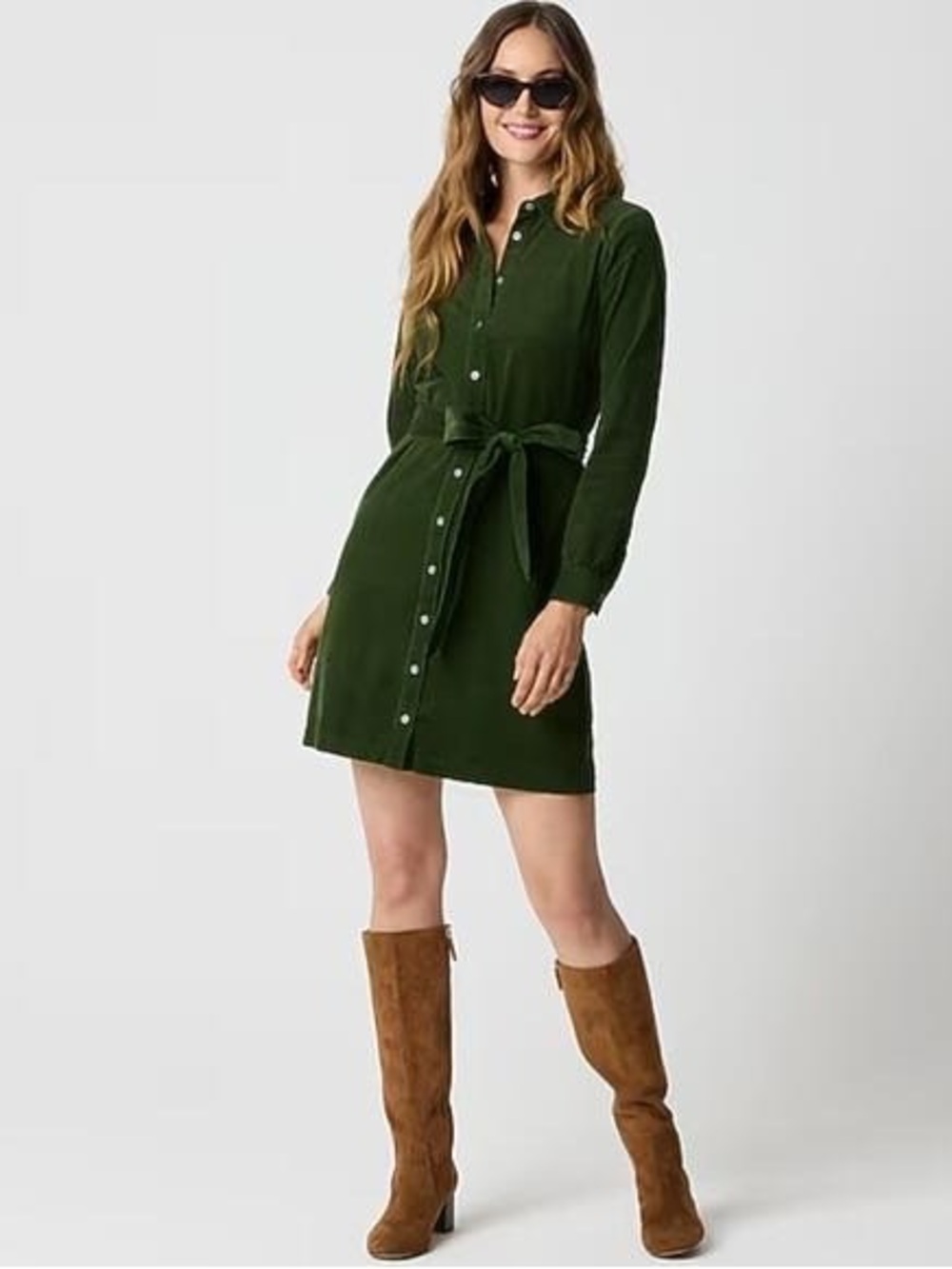 J. Crew Factory Long-Sleeve Corduroy Shirt Mini Dress Size 0 Pine Green